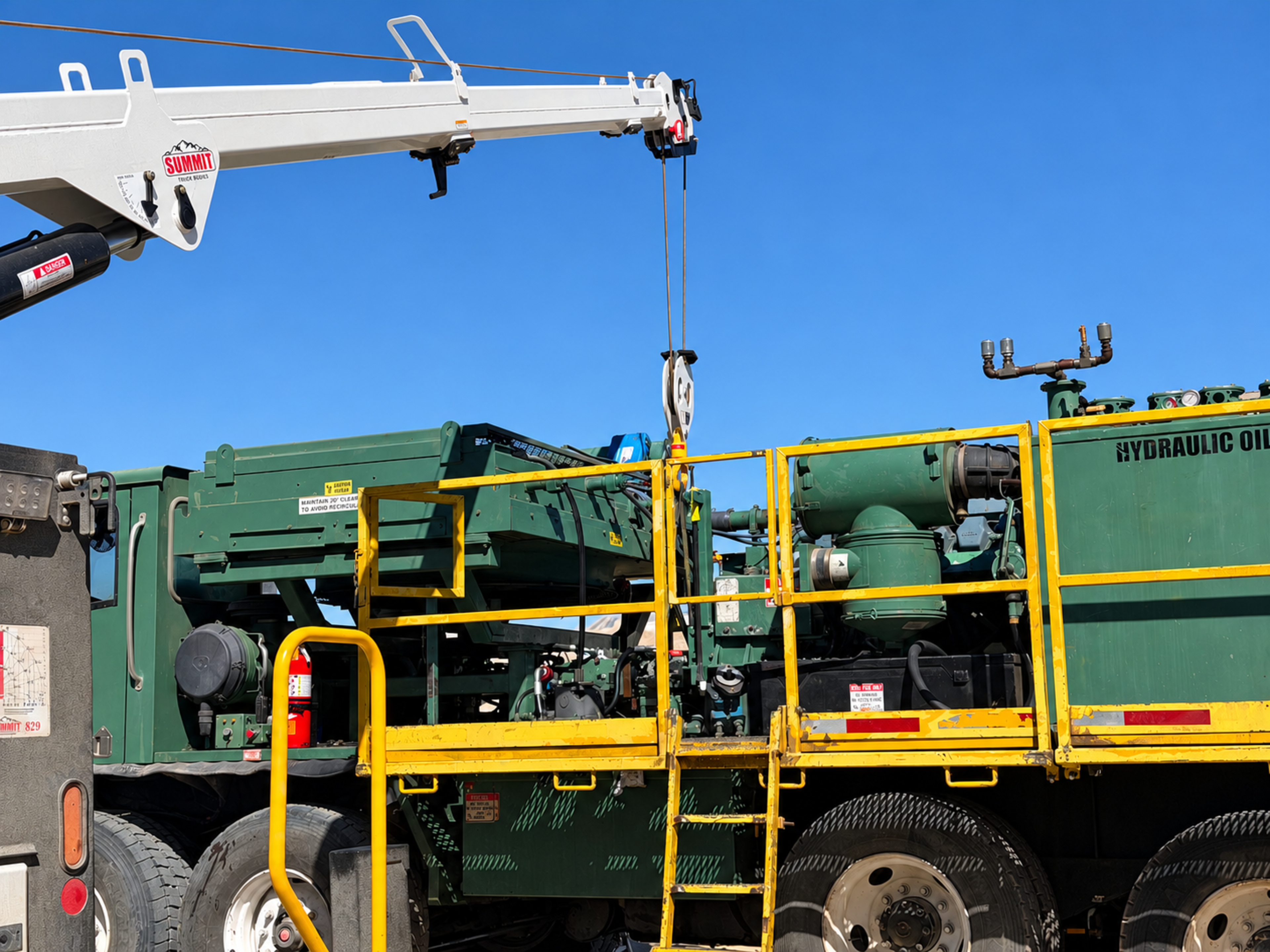 Service truck crane working alongside a drill rig in the field