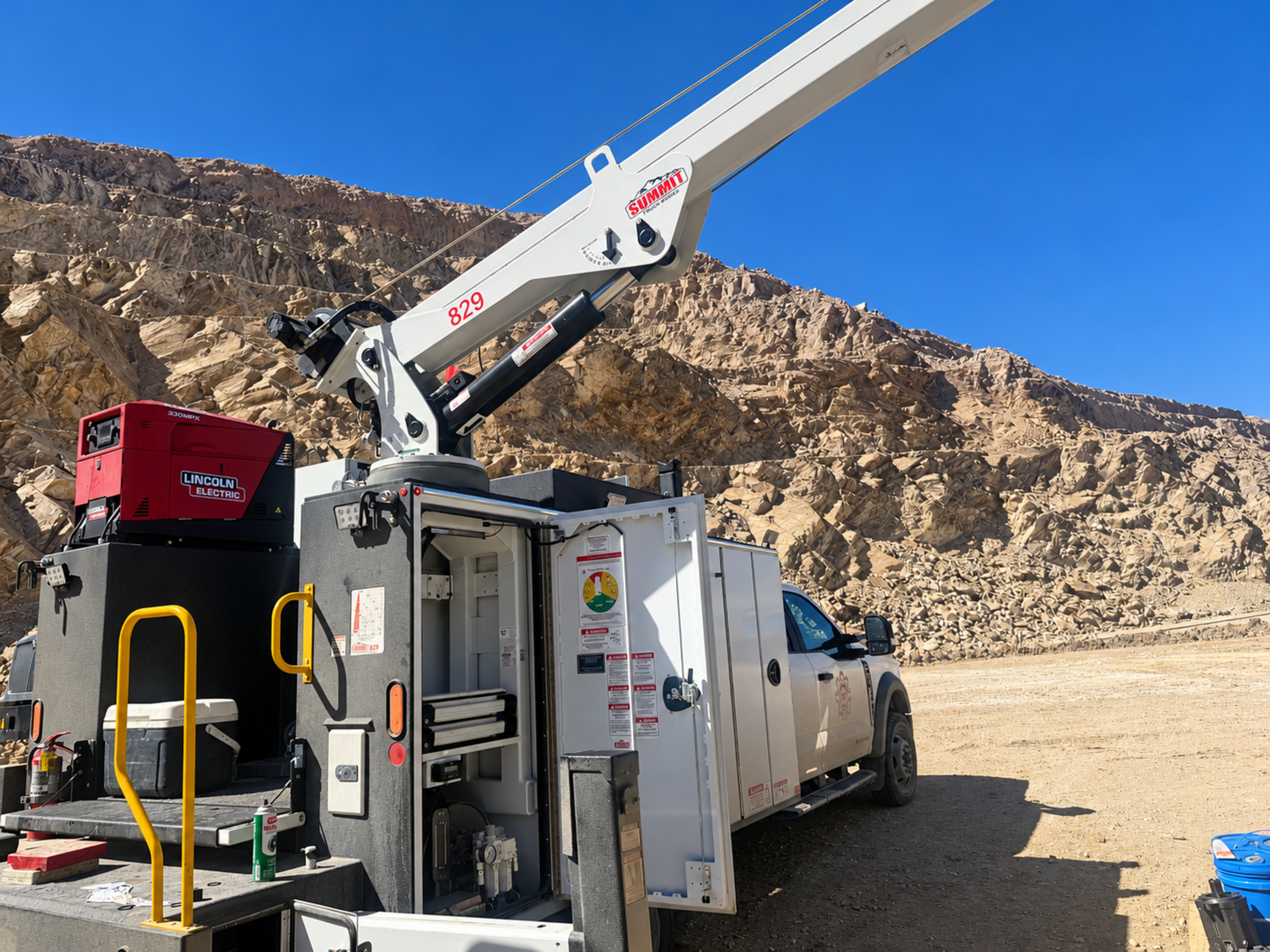 Maintenance service truck and crane at a mine site